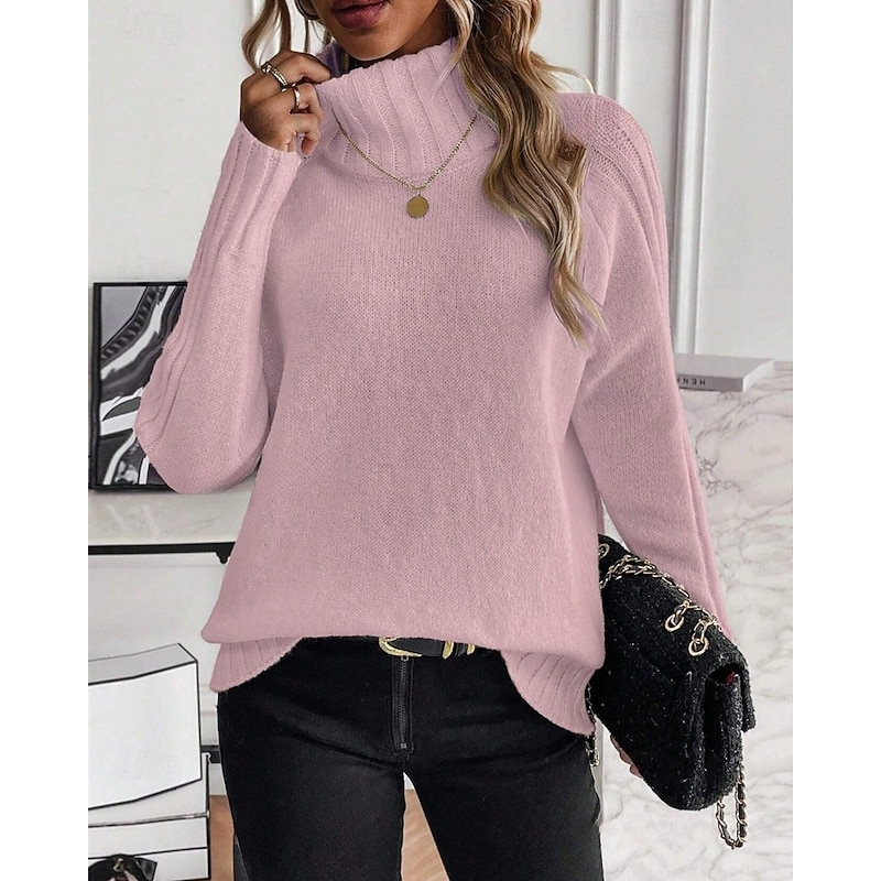 Women's Sweater Pullover Fashion Casual Solid Color Ribbed Turtleneck Knitted Long Sleeve Regular Tops Knit Outdoor Daily Weekend Pink Fall Winter