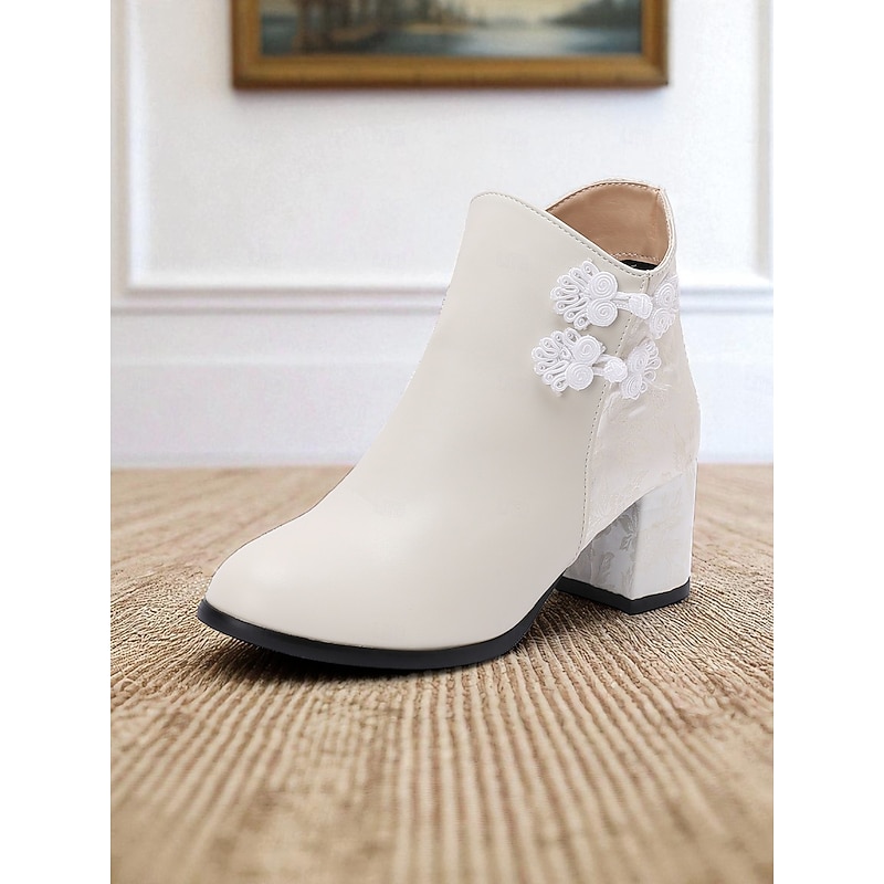 Women's White Faux Leather Ankle Boots with jacquard and Block Heel – Stylish Winter Short Booties for Ladies, Ideal for Holiday Parties, Outdoor Wear & Casual Street Style4