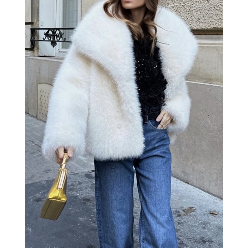 Women's Faux Fur Coat Warm Comfortable Furs & Leathers Casual Plain Street Holiday Going out Weekend Regular Turndown Regular Fit Long Sleeve Outerwear White Fall Winter