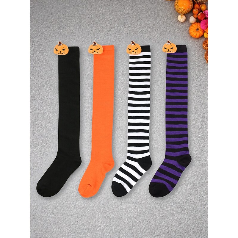 Women's Halloween Striped Over the Knee Socks - Pumpkin Embroidered Thigh High Stockings for Party, Cosplay and Costume Outfits2