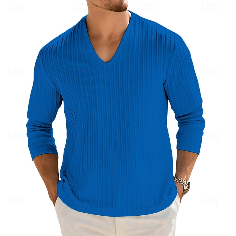Men's Men V Neck Rib-knit Tee Ribbed Knit tee Tee Top Long Sleeve V Neck Summer Spring Fall Solid Color Plain Jacquard Modern Casual Comfortable Buttons Basic Plain Home Street Casual White Navy Blue