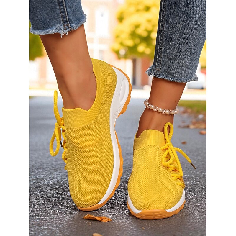 Women's Yellow Flyknit Sneakers – Lightweight Breathable Slip-On Running Shoes with Cushion Sole for Walking, Gym and Casual Wear3