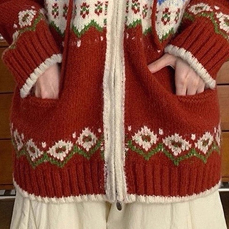 Women's Sweater Cardigan Fair Isle Sweater Fashion Casual Geometric Snowflakes Ribbed Hooded Zipper Knitted Print Long Sleeve Regular Tops Knit Christmas Outdoor Daily Red Fall Winter3