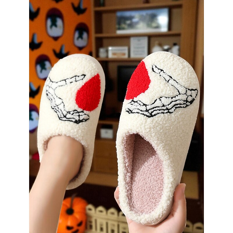 Women's Halloween Skeleton Hand Fuzzy Slippers – Cozy Plush Indoor Shoes with Bloody Heart Embroidery for Spooky Fall and Holiday Lounging