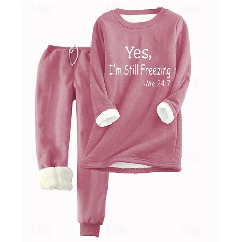 Women's Elegant Warm Fashion Two Piece Sets Tracksuit Pants Sets Long Sleeve Bishop Sleeve Crew Neck Graphic Letter Print Outdoor Vacation Casual Pink Dark Pink Blue Fall Regular Fit