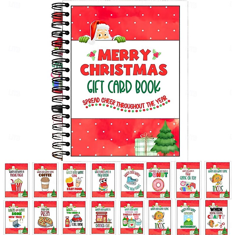 The Ultimate Christmas Gift Card Book, 5x7 Inch Colorful Spiral Bound Merry Christmas Card Book With 30 Different Gift Card Pages And 4 Message Pages For Family Friends Students