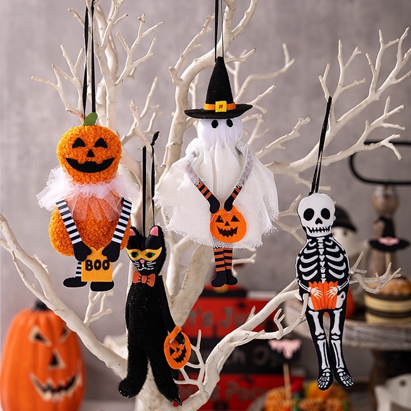 4pcs Halloween Handmade Hanging Ornaments, Pumpkin, Black Cat, Ghost, Skull Decorations, Spooky Holiday Party, Home and Indoor Hanging Decor