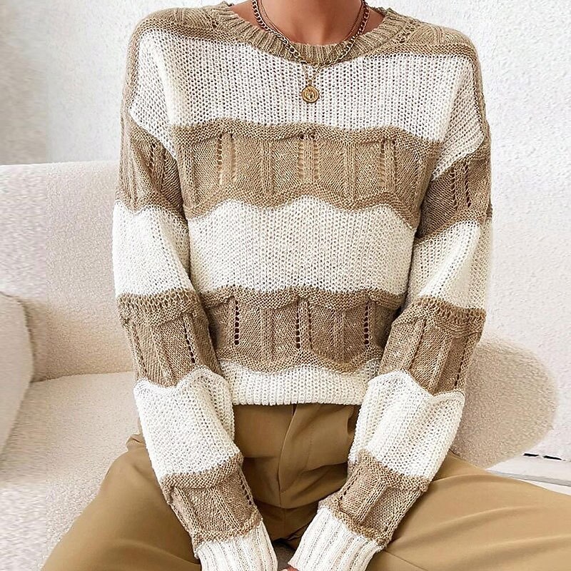 Women's Sweater Pullover Streetwear Casual Striped Cable Crew Neck Patchwork Knitted Long Sleeve Regular Tops Knit Holiday Going out Weekend Apricot Fall Winter3