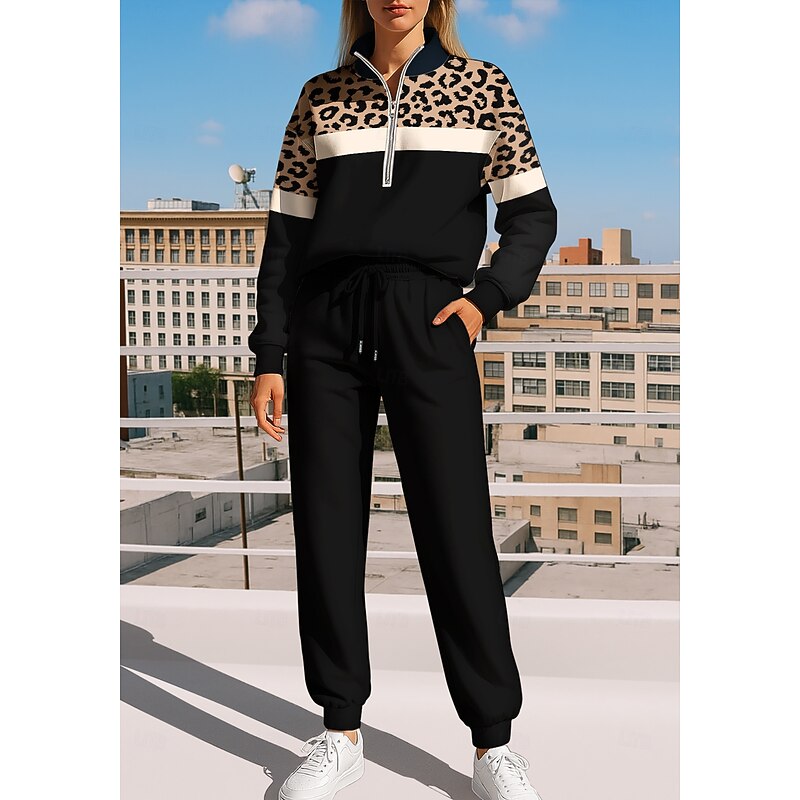 Women's Sweatshirt Tracksuit Sweatsuit Drawstring Zipper Leopard Jacket and Sweatpants Athletic Clothing Set Spring Black with White Casual Workout Outdoor Soft Baggy Long Sleeve Sport Activewear3