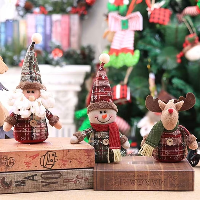 3PCS Christmas Plush Dolls – Desktop Figurines & Tree Ornaments, Snowflake & Plaid Holiday Decorations, Perfect Festive Gifts3