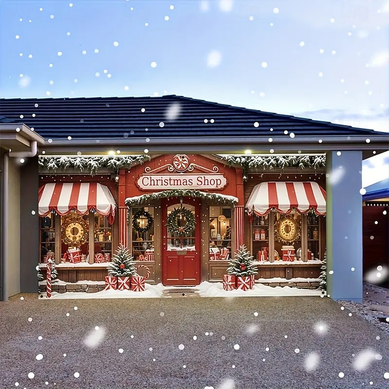 Christmas Garage Door Cover Large Hanging Backdrop Christmas Shop Gift Cute 3D Party Outdoor Holiday Shooting Backgrounds Yard Home Decor2