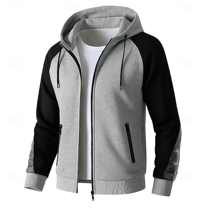 Men's Hoodie Full Zip Hoodie Black Gray Hooded Plain Patchwork Color Block Sports & Outdoor Casual Daily Streetwear Cool Sportswear Spring &  Fall Clothing Apparel Hoodies Sweatshirts