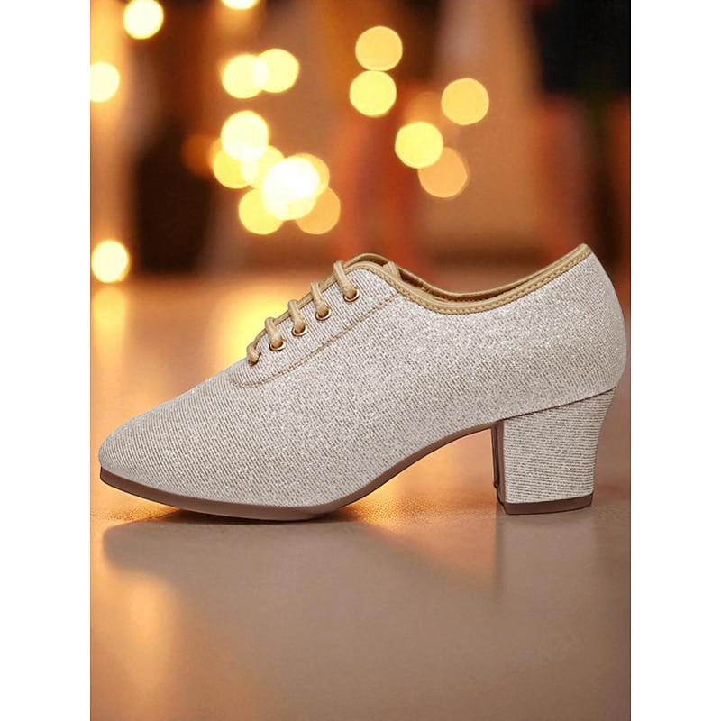 Women's Glitter Lace-Up Ballroom Dance Shoes - Sparkly Low Heel Professional Practice and Performance Footwear3