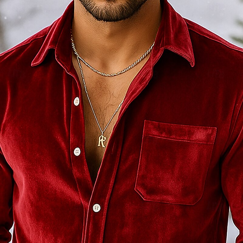 Men's Shirt Yellow Wine Royal Blue Green Long Sleeve Solid Color Plain Shirt Collar Carnival Christmas Pocket Clothing Apparel Christmas Elegant Warm Active3