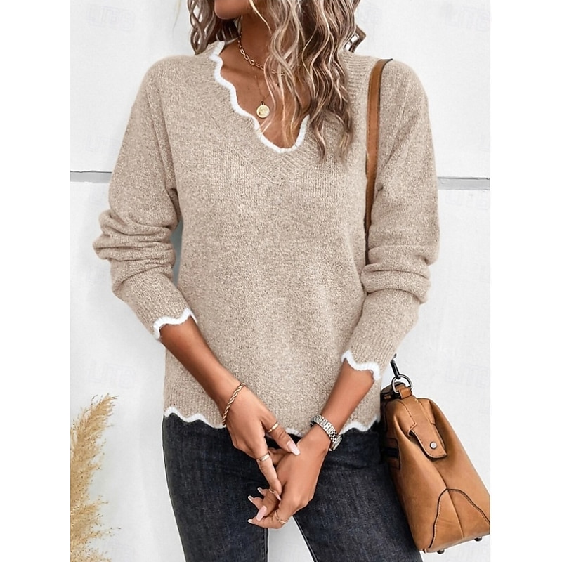 Women's Sweater Casual Soft Pure Color Ribbed V Neck Knitted Long Sleeve Regular Tops Knit Outdoor Daily Weekend Khaki Gray Fall Winter2