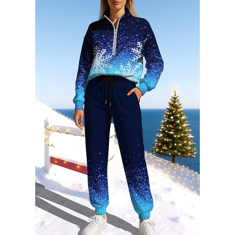 Christmas Women's Sweatshirt Tracksuit Sweatsuit Drawstring Zipper Color Gradient Jacket and Sweatpants Athletic Clothing Set Spring Dark Navy Casual Workout Outdoor Soft Baggy Long Sleeve Sport3