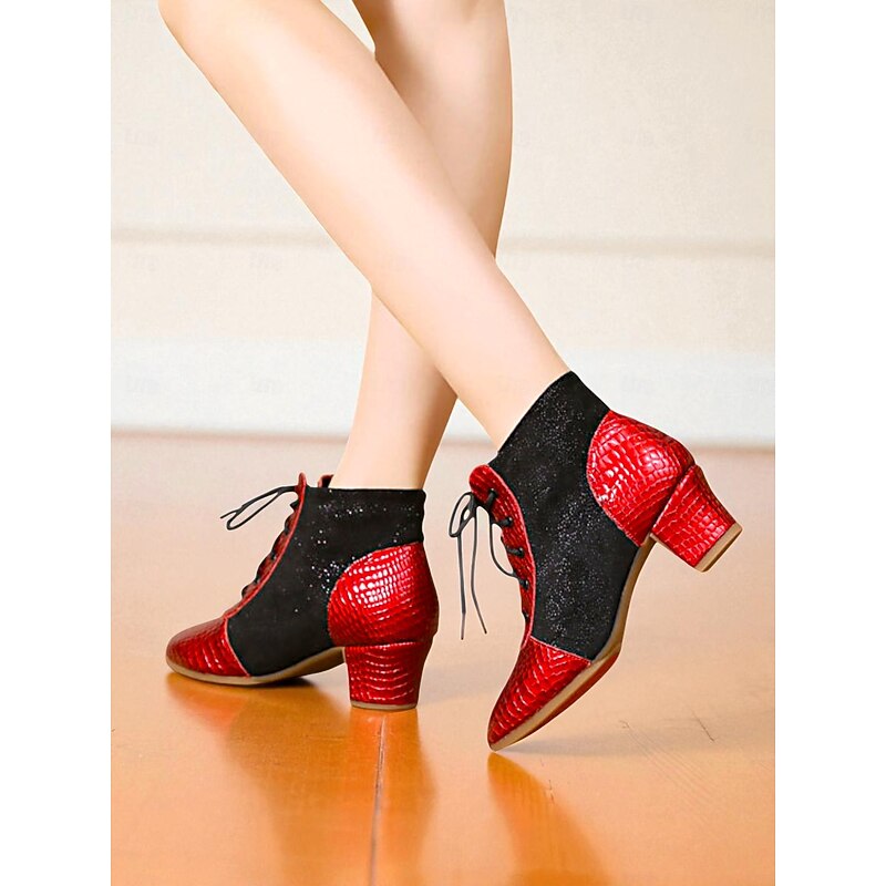 Women's Red and Black Lace-Up Dance Boots - Faux Leather Croc Pattern Low Heel Performance Ballroom Shoes2