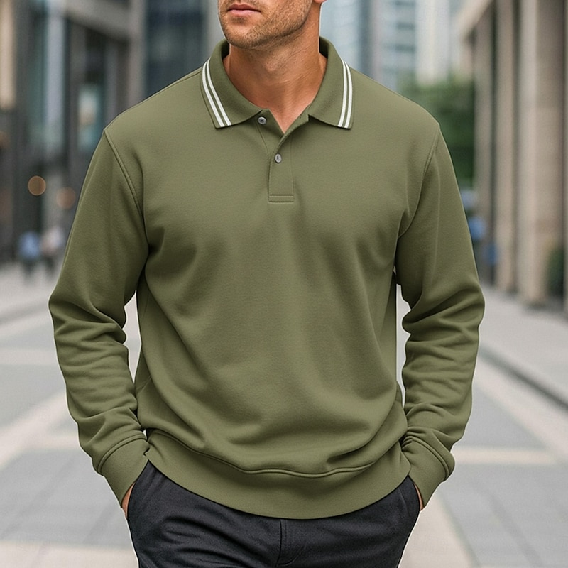 Men's Pullover Sweatshirt Rugby Polo Shirts Street Casual Lapel Ribbed Polo Collar Long Sleeve Basic Modern Plain Buttons Plain Spring Fall All Seasons Regular Fit Burgundy Navy Blue Blue Purple Army