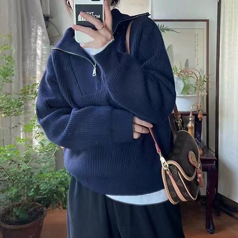 Women's Sweater Fashion Streetwear Casual Solid Color Ribbed Half Zip Knitted Long Sleeve Regular Tops Knit Outdoor Daily Weekend Navy Blue Fall Winter2