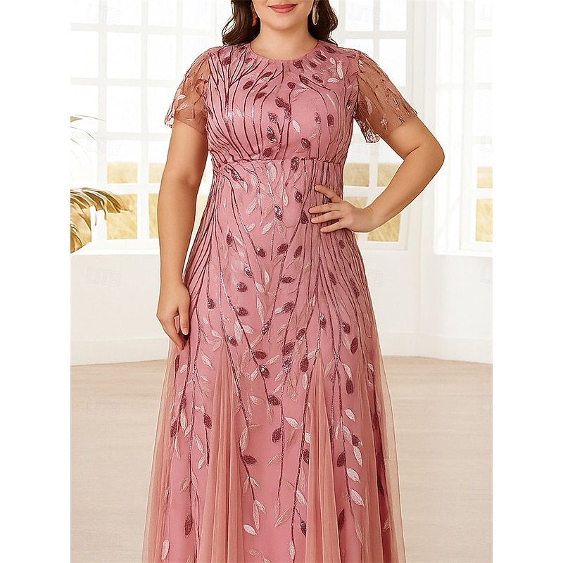 A-Line Mother of the Bride Dress Plus Size Sparkle & Shine Crew Neck Ankle Length Polyester Short Sleeve with Ruched Beading3