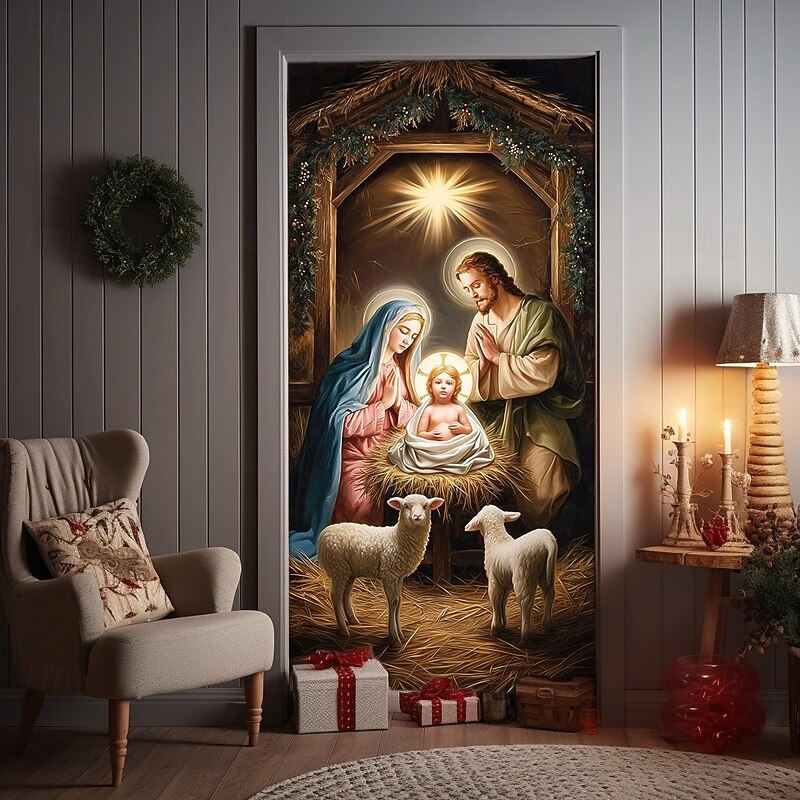 Christmas Door Cover, Nativity Scene Holiday Door Curtain with Baby Jesus, Mary and Joseph, 2025 Xmas Religious Door Hanging for Home Church Party Decor2
