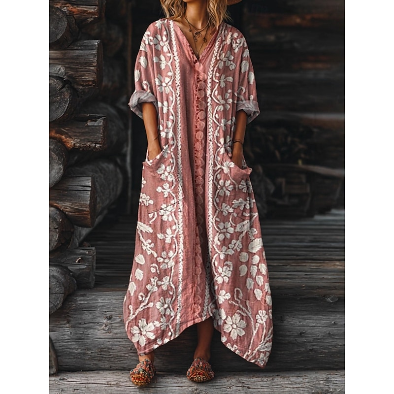 Women's Maxi Dress A Line Dress Vacation Casual Daily Regular Fit Loose Fit Floral Graphic Long Sleeve V Neck Pink Dark Pink Red Blue Summer Spring Fall4