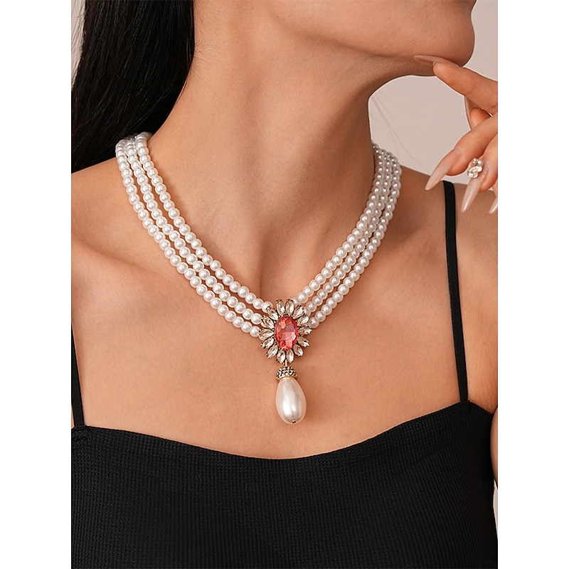 Women's Pearl Jewelry Set with Earrings, Necklace and Bracelet - Elegant Vintage Style Accessories with Crystal Accents for Ballroom Party, Wedding and Formal Events2