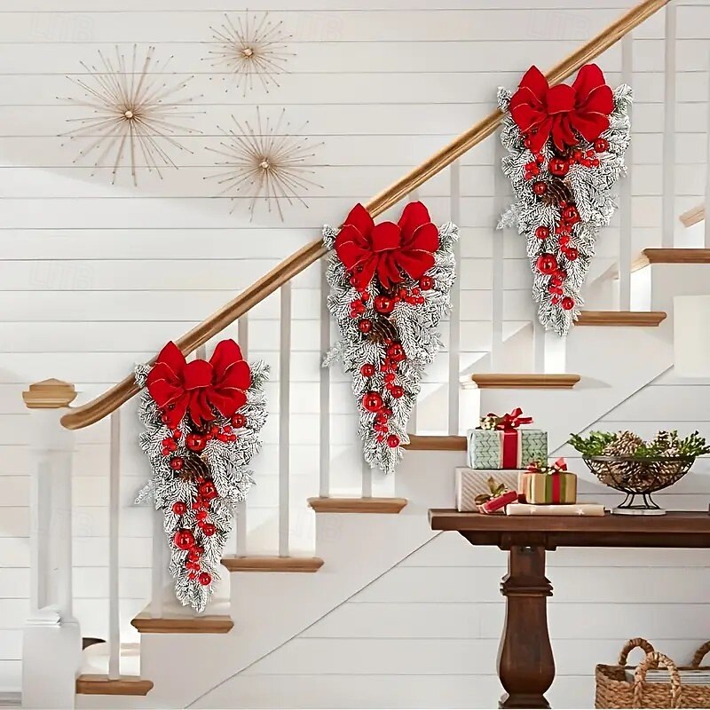 Christmas Wreath Hanging Decoration with Red Bow and Green Leaves, Elegant Stair and Door Ornament, Durable Plastic for Indoor and Outdoor Holiday Décor, Perfect for Christmas, Weddings, Parties, Thanksgiving, and Year-Round Home Decoration3