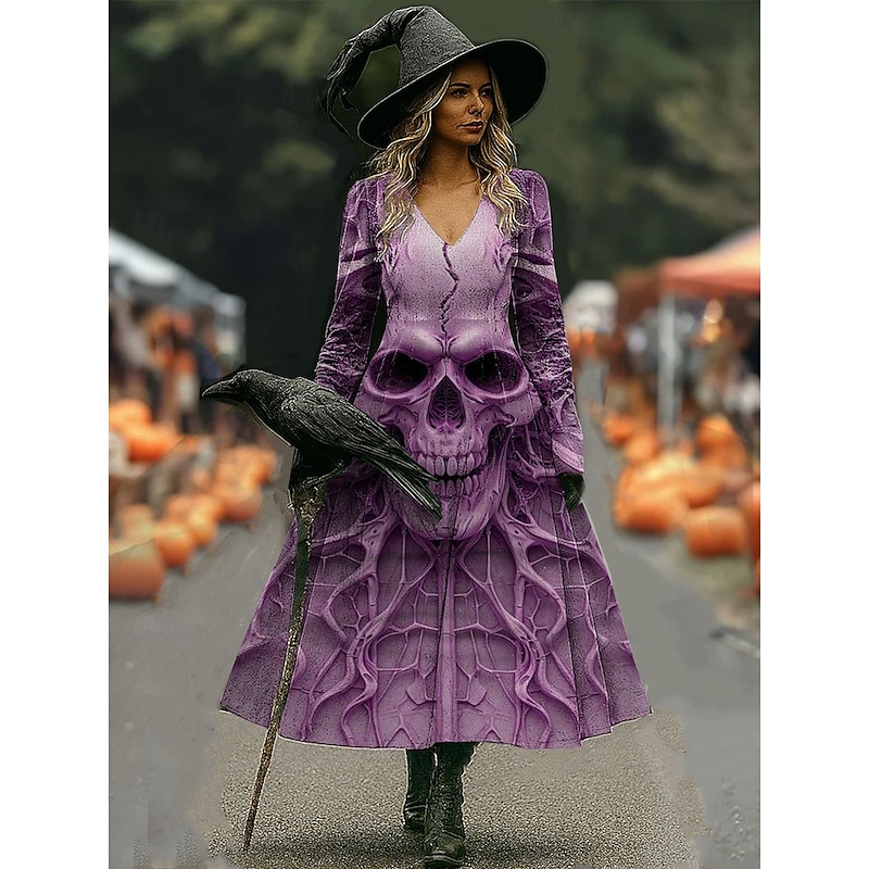 Halloween Women's Midi Dress A Line Dress Vacation Casual Daily Holiday Date Regular Fit Graphic Skull Long Sleeve V Neck Light Yellow Blue Purple Green Fall Winter3
