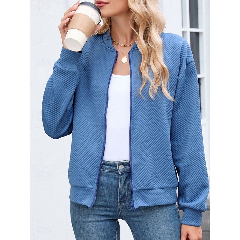 Women's Casual Jacket Comfortable Breathable Zipper Casual Plain Vacation Street Casual Daily Wear Zipper Short Stand Collar Regular Fit Long Sleeve Outerwear Black Blue Brown Spring Fall3