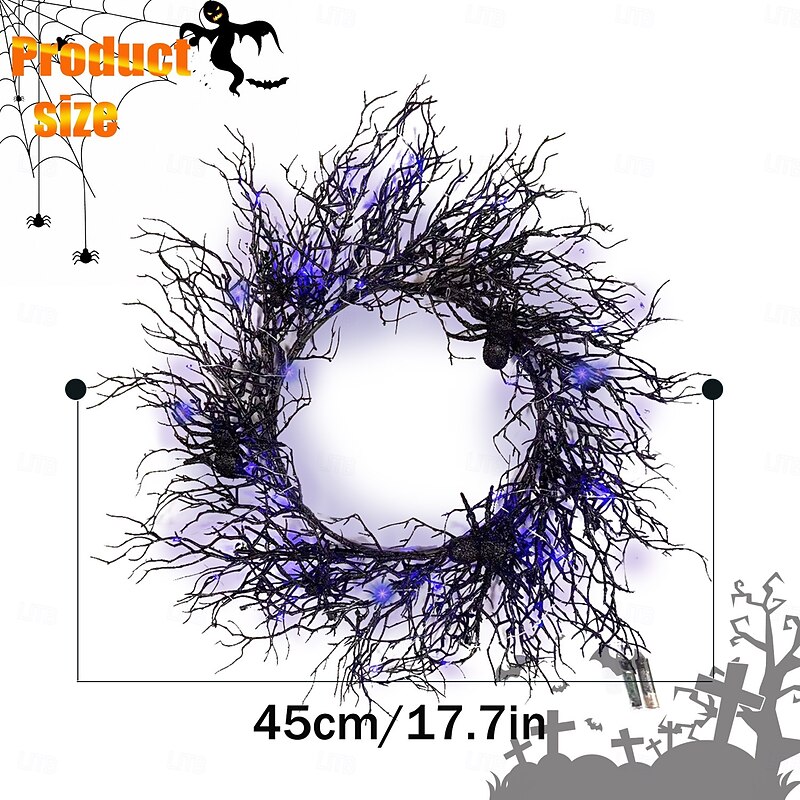 Halloween Wreaths for Front Door with LED, Spooky Ghost Eyes Black Branch Skeleton Pumpkin Halloween Decor Indoor, Halloween Door Wreath for Window Party Farmhouse Indoor Home3