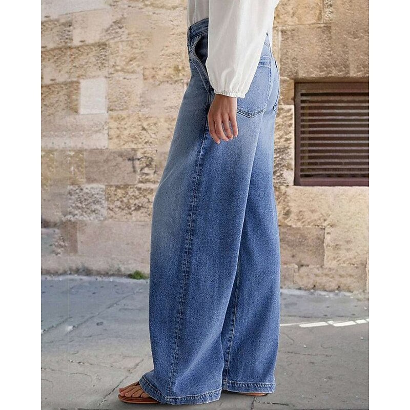 Women's Jeans Wide Leg Fashion Streetwear Casual Full Length Medium Waist Plain Pocket Comfortable Micro-elastic Outdoor Vacation Street Blue Spring Fall Loose Fit2