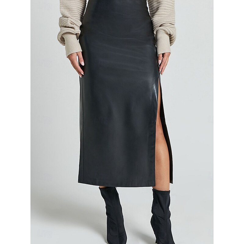 Women's Skirt Bodycon Fashion Midi High Waist Skirts Plain Split Ends Micro-elastic Street Daily Black Brown Beige Spring Polyester Faux Leather