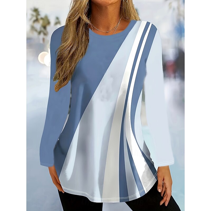 Women's T Shirt Graphic Geometric Color Block Vintage Stylish Classic Long Sleeve Crew Neck Round Neck Regular Tops Daily Print Black Blue Spring Fall Winter