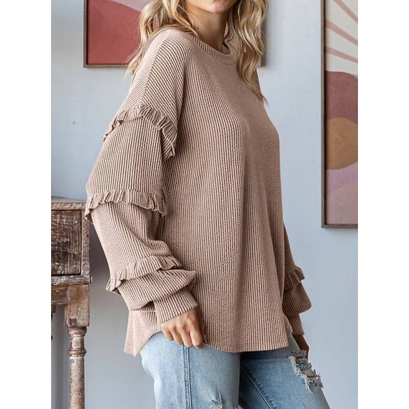 Women's Blouse Solid Color Stylish Casual Long Sleeve Crew Neck Regular Tops Daily Ruffle Pink Fuchsia Khaki Dark Gray Spring Fall3