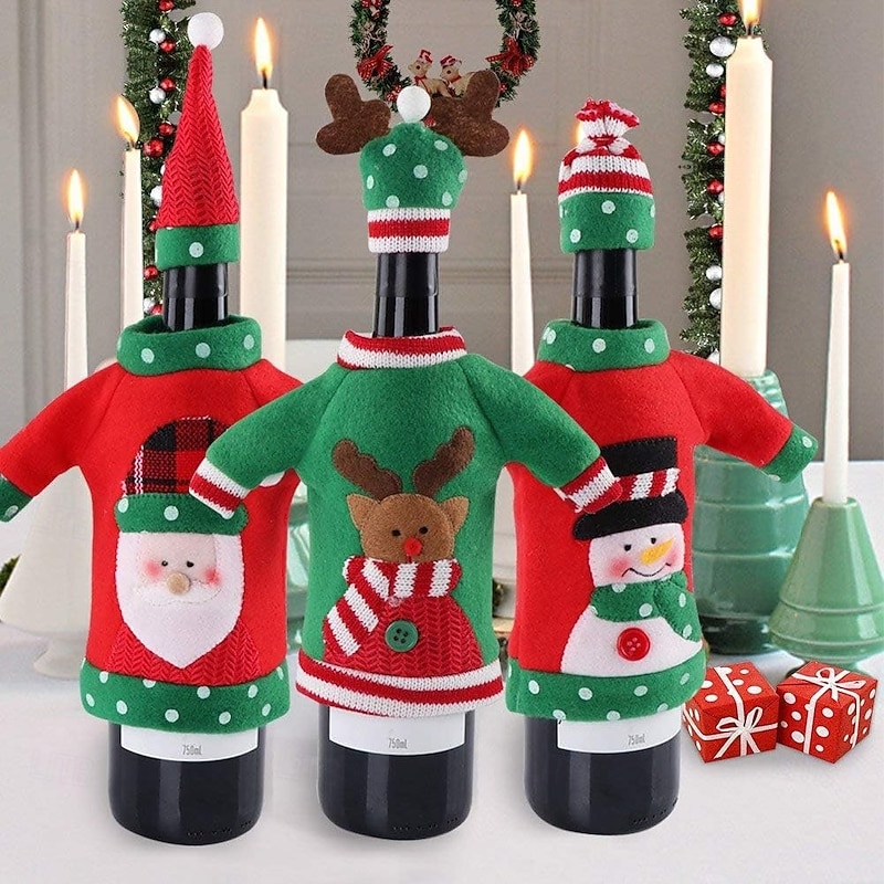 3 Pack Christmas Wine Bottle Covers, Embroidered Cartoon Holiday Wine Bags, Red Wine and Champagne Bottle Decorations, Xmas Table Accessories, Reusable Gift Wrapping, Party Supplies3