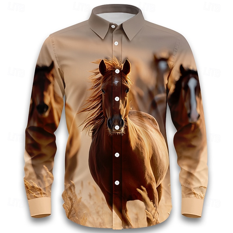Men's Animal Horse Wildlife Shirt Western Shirt Cowboy Shirt Long Sleeve Vintage Retro Outdoor Vacation Spring Fall Turndown 3D Print Linen Like Shirt Khaki