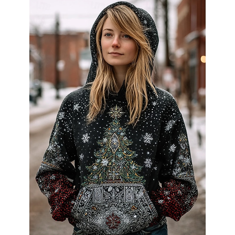 Women's Pullover Hoodie Sweatshirt Graphic Christmas Tree Tribal Casual Long Sleeve Hooded Regular Tops Party Evening Wear Street Dailywear Black Red Green Spring Fall Winter2