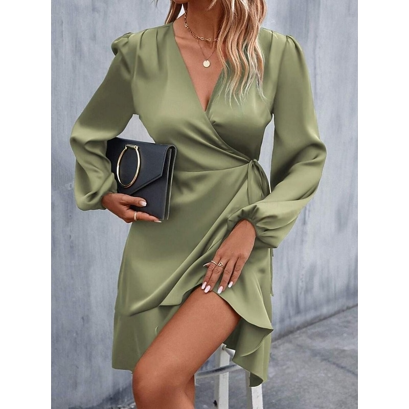 Women's Mini Dress Wrap Dress A Line Dress Casual Daily Holiday Regular Fit Plain Long Sleeve V Neck Pink Green Army Green Apricot Spring Fall4