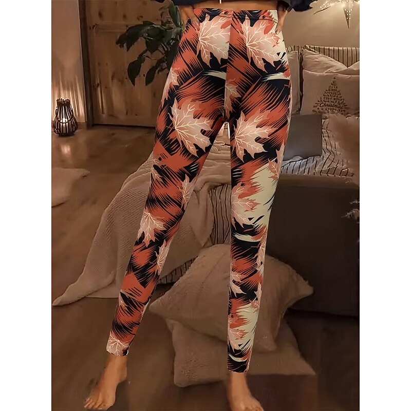 Women's Leggings Vacation Vintage Fashion Full Length High Waist Graphic Leaf Printing Thermal Warm Soft Breathable Stretchy Formal Outdoor Vacation Earth Yellow Spring Fall Slim Fit2