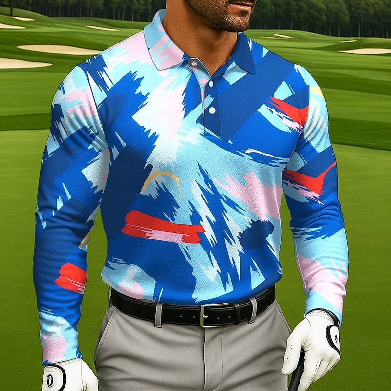 Men's Color Block Golf Polo Long Sleeve Polo Shirts Lapel Casual Athleisure Daily Wear 3D Print Buttons Spring Fall Winter Blue Purple Green