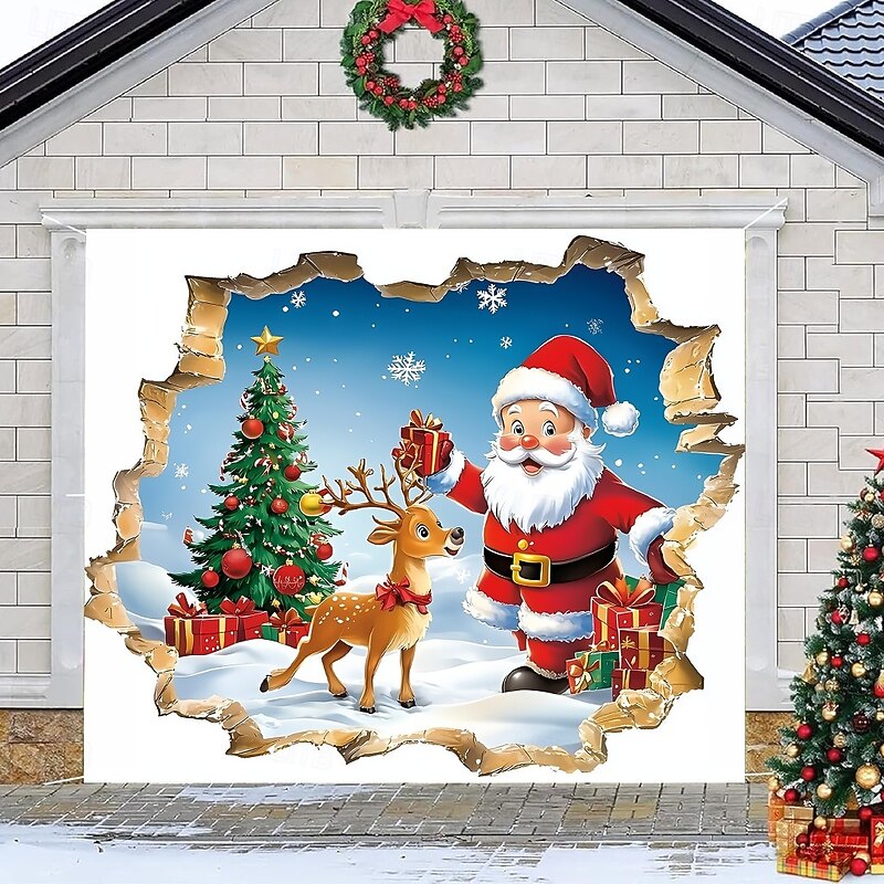 Christmas Outdoor Garage Door Cover Santa Claus Reindeer Christmas Gifts Large Tapestry Backdrop Holiday Party Wall Decoration For Outdoor Garage Door Home Festival Celebration Decor2