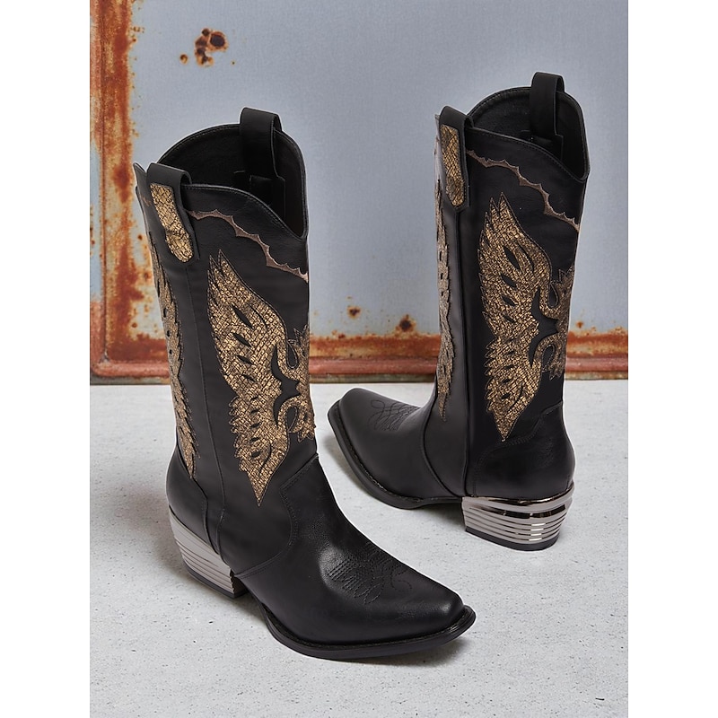 Women's Black / Gold Faux Leather Cowboy Boots with Gold Eagle Embroidery – Western Style Mid Calf Riding Boots for Country Concerts and Festivals - Main Image