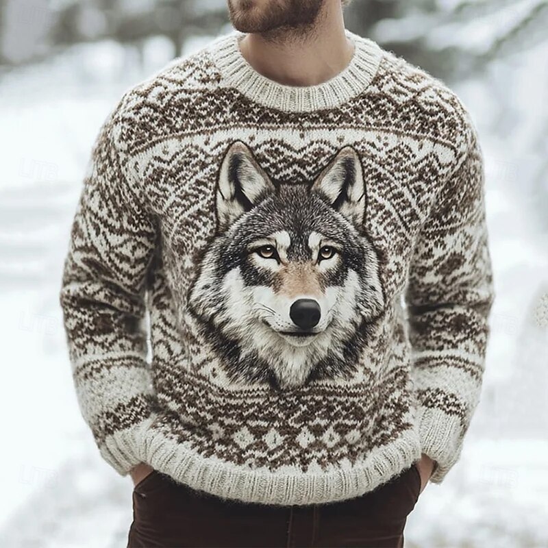 Men's Wolf Fair isle Sweater Pullover Sweater Jumper Knitwear Crewneck Casual Vacation Daily 3D Print Keep Warm Long Sleeve Spring Fall Winter Blue Purple Brown