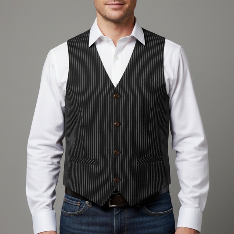 Men's Vest Waistcoat Formal Vacation Casual Daily Fashion Classic Spring Fall Pocket Buttons Polyester Comfortable Striped Single Breasted V Neck Lapel Regular Fit Black Vest