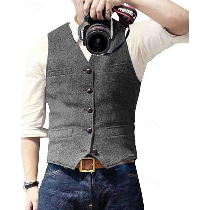 Men's Vest Waistcoat Gilet Vacation Party Business Fashion Casual Spring Fall Pocket Buttons Polyester Comfortable Solid Color Single Breasted One-button V Neck Regular Fit Silver Black Champagne Wine4