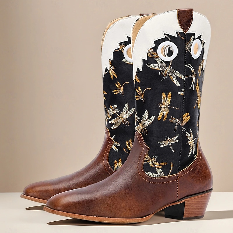 Men's Brown Jacquard Fabric Cowboy Boots – Western Style Dragonfly Embroidered High Shaft Riding Boots for Country Festivals and Parties