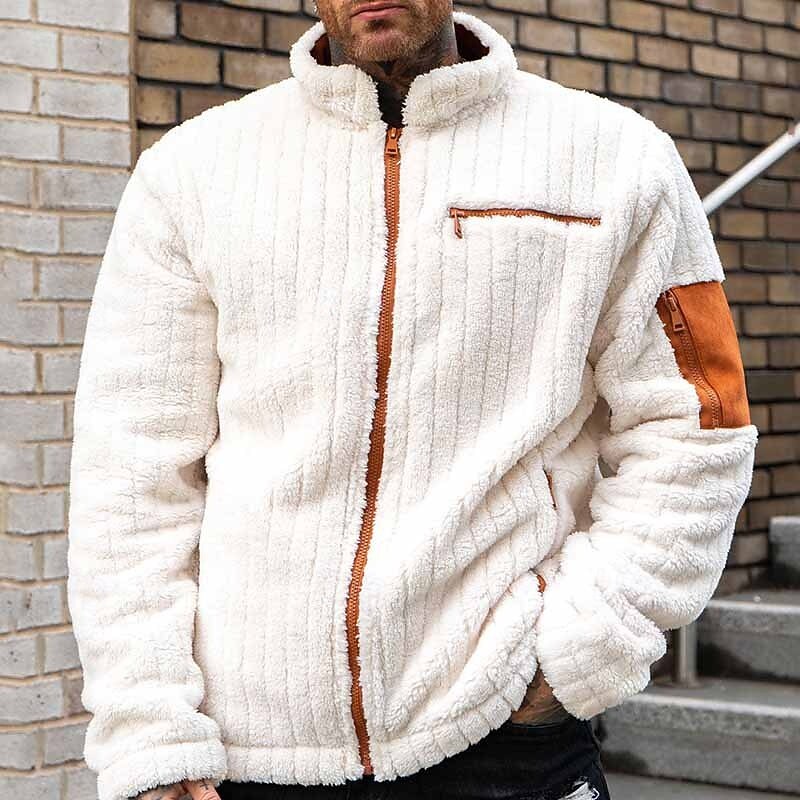 Men's Winter Jacket Fleece Jacket Teddy Coat Vacation Daily Thermal Warm Pocket Fleece Winter Color Block Fashion Streetwear Stand Collar Regular White Jacket
