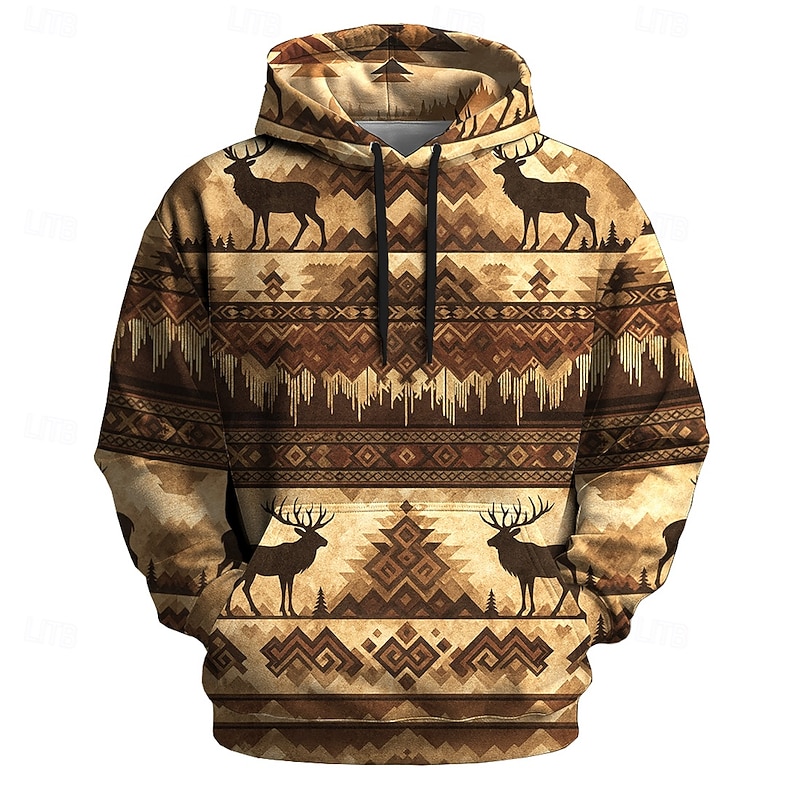 Men's Bandana Print Cowboy Hoodie Sweatshirt Ethnic Vintage Retro Crew Neck Outdoor Home Streetwear Brown Drawstring Fall Winter Designer