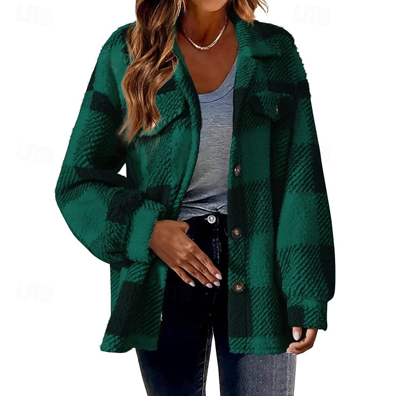 Women's Winter Coat Sherpa Jacket Warm Comfortable Pocket Buttons Casual Plaid Vacation Casual Going out Weekend Regular Turndown Regular Fit Long Sleeve Outerwear Black Pink Red Fall Winter4